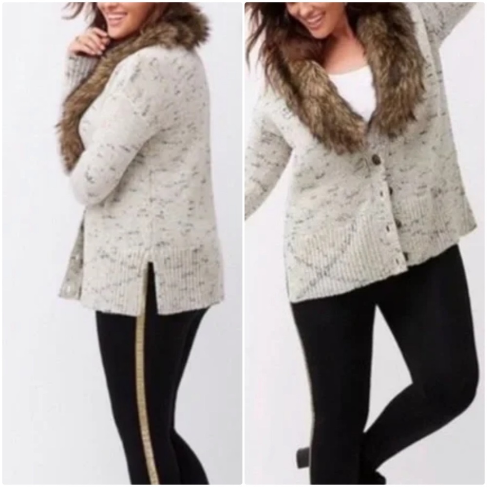 Lane Bryant Faux Fur Collared Wool Blend Cardigan Cream